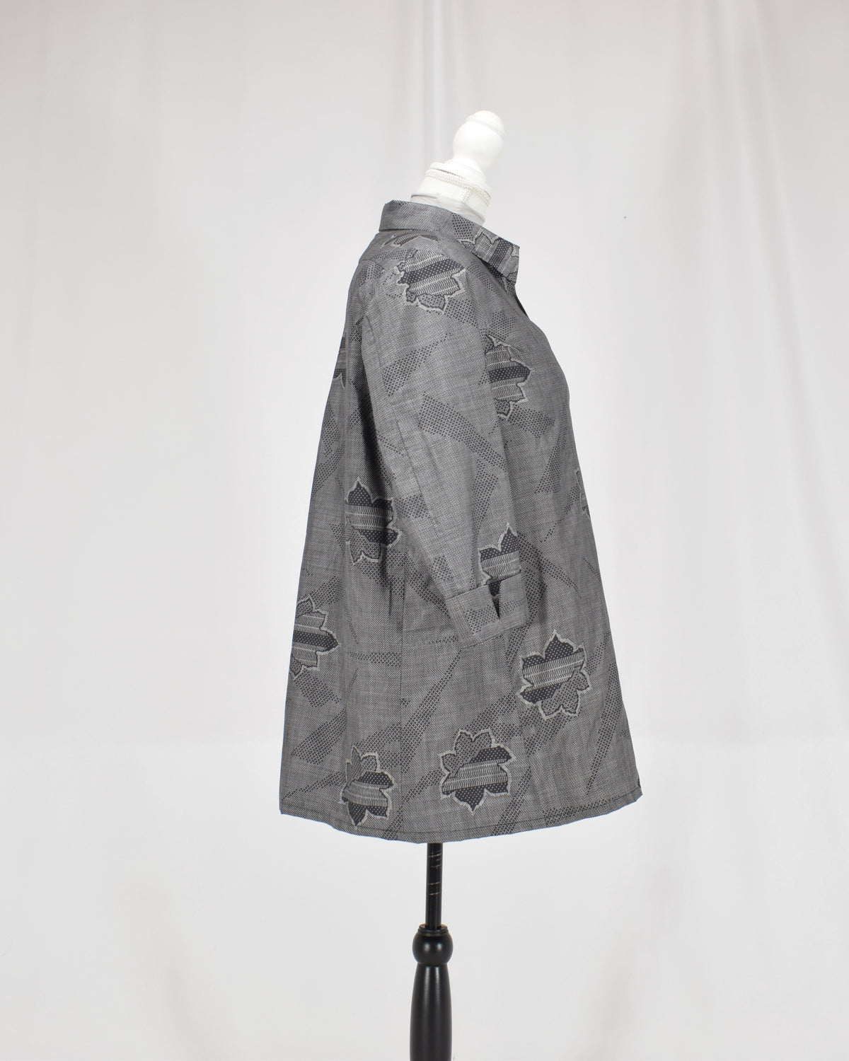 Open-Collar Tunic, Gray Geometric and Leaf Motifs, Upcycled Kimono Fabric