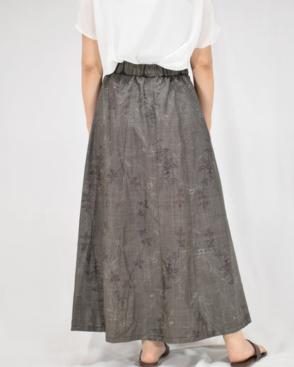 Six-Panel Skirt, Gray Geometric and Botanical Motifs, Upcycled Kimono Fabric
