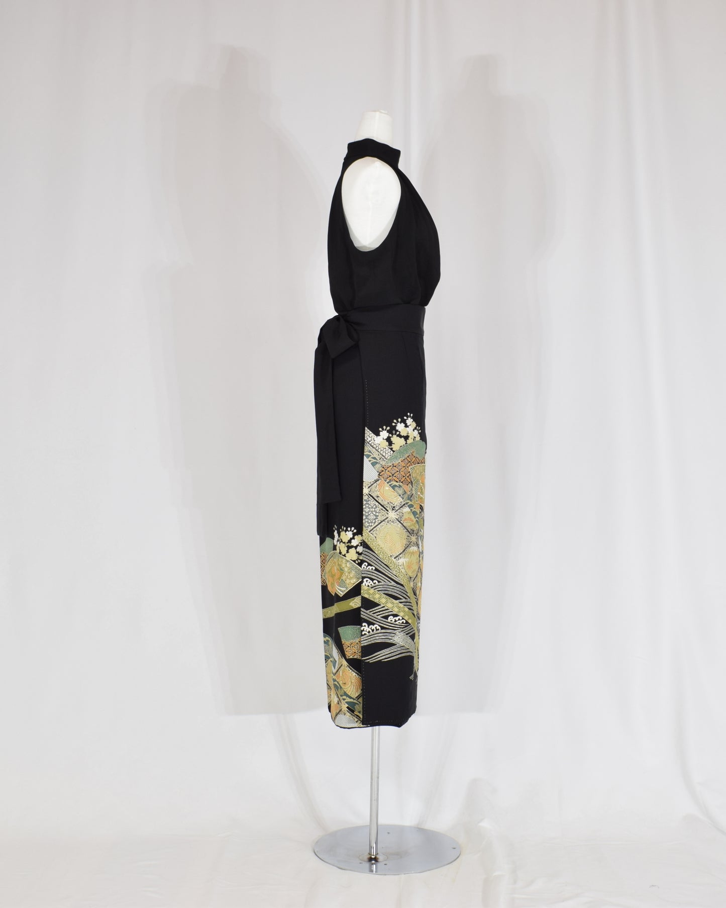 Wrap Skirt — Black Upcycled Kimono Fabric with Branch Blossom Motif