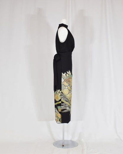 Wrap Skirt — Black Upcycled Kimono Fabric with Branch Blossom Motif