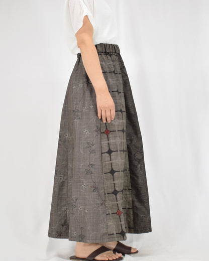 Six-Panel Skirt, Gray Geometric and Botanical Motifs, Upcycled Kimono Fabric