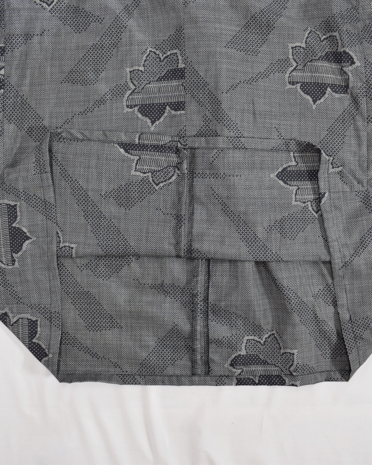 Open-Collar Tunic, Gray Geometric and Leaf Motifs, Upcycled Kimono Fabric