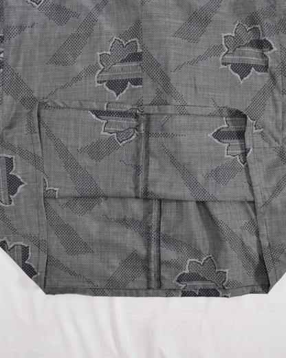Open-Collar Tunic, Gray Geometric and Leaf Motifs, Upcycled Kimono Fabric