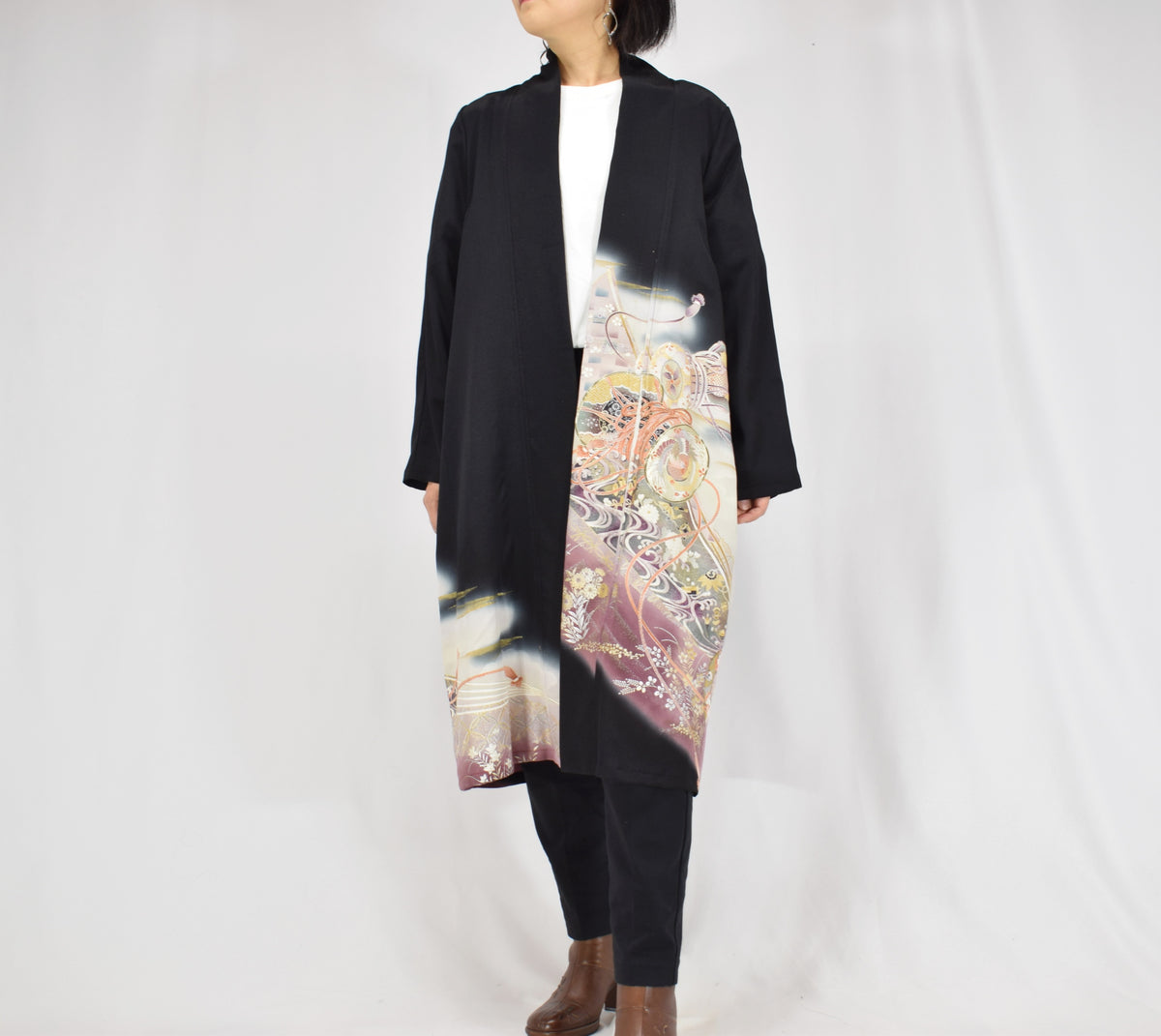 Haori Jacket, Black Tsuzumi Drum and Floral Motifs, Upcycled Kimono Fabric