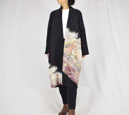 Haori Jacket, Black Tsuzumi Drum and Floral Motifs, Upcycled Kimono Fabric