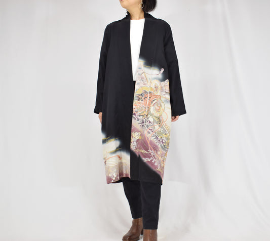 Haori Jacket, Black Tsuzumi Drum and Floral Motifs, Upcycled Kimono Fabric