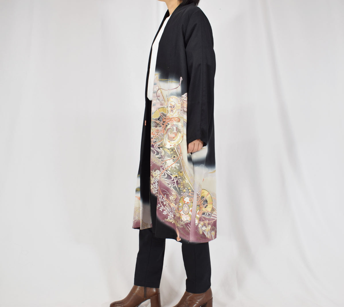 Haori Jacket, Black Tsuzumi Drum and Floral Motifs, Upcycled Kimono Fabric