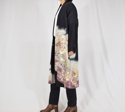 Haori Jacket, Black Tsuzumi Drum and Floral Motifs, Upcycled Kimono Fabric