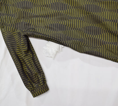 カーキ 幾何学縞文様 ロングシャツワンピース 着物リメイク 一点物