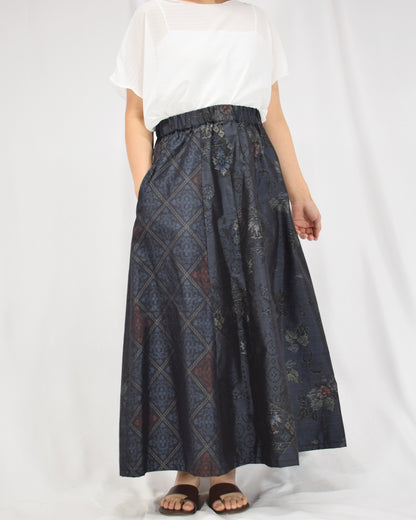 Six-Panel Skirt, Navy Floral and Geometric Motifs, Upcycled Kimono Fabric
