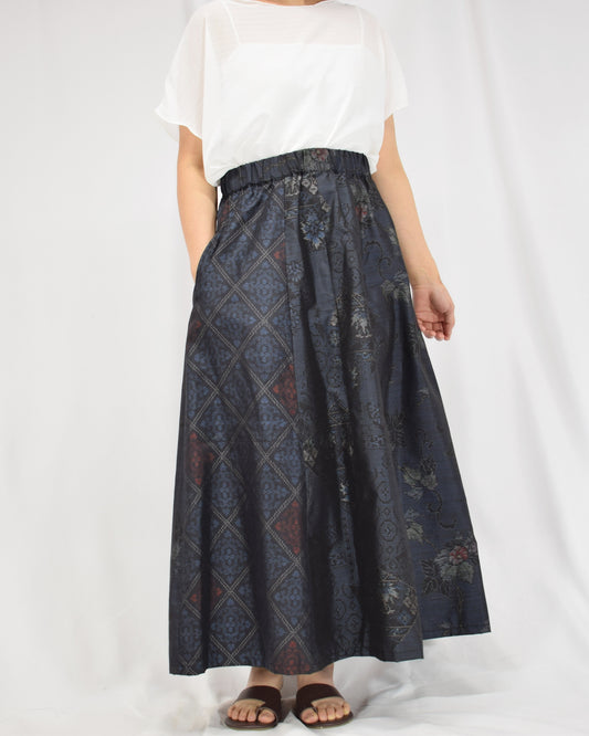 Six-Panel Skirt, Navy Floral and Geometric Motifs, Upcycled Kimono Fabric
