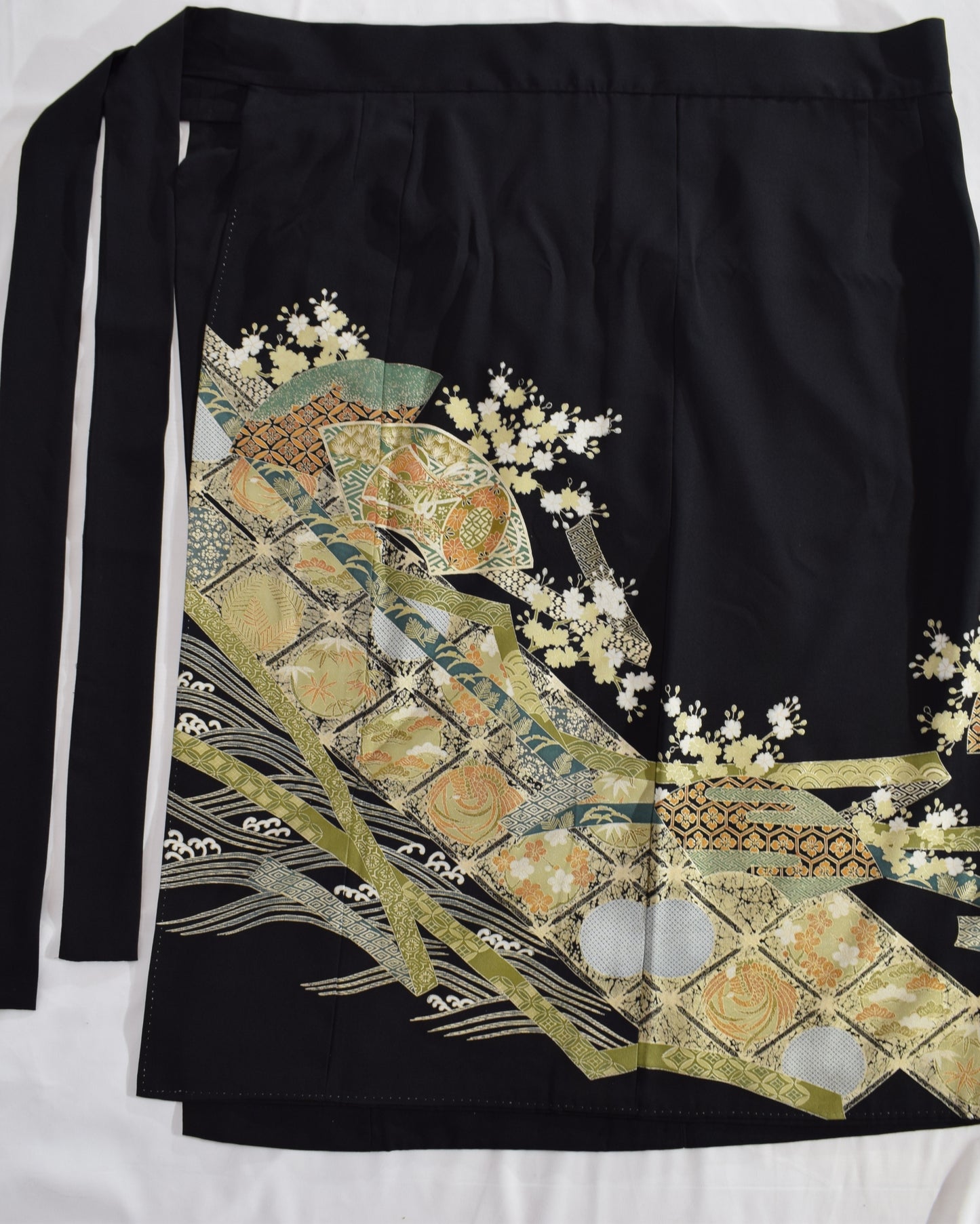 Wrap Skirt — Black Upcycled Kimono Fabric with Branch Blossom Motif