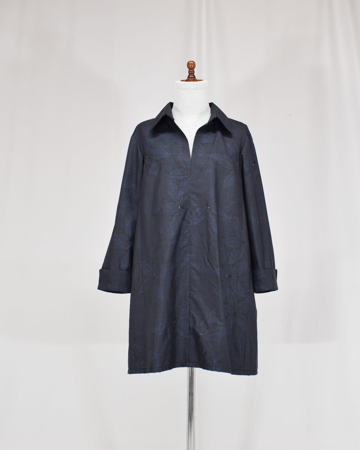 Open-Collar Tunic, Navy Botanical Motif, Upcycled Kimono Fabric