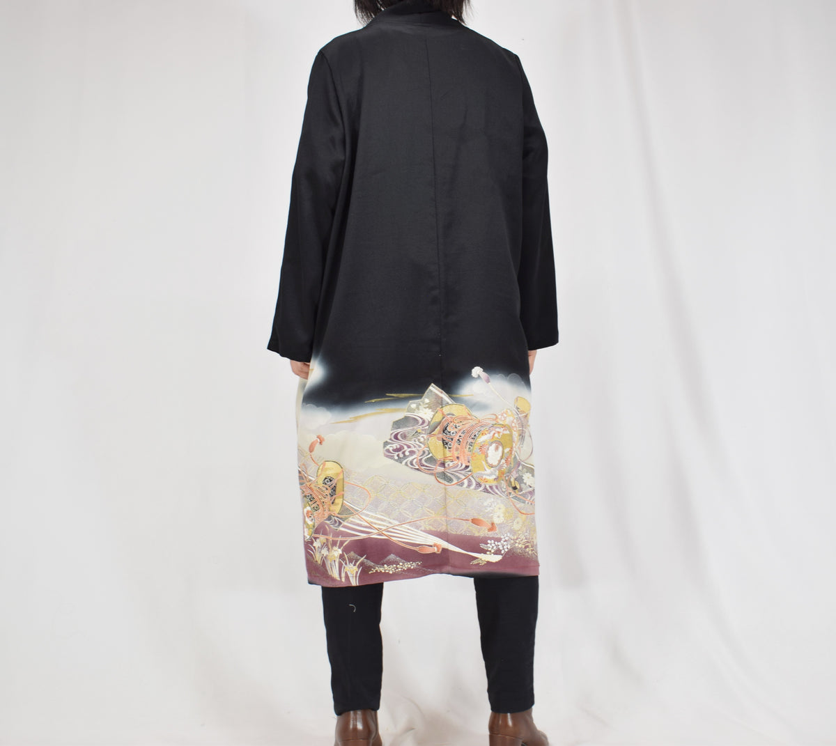 Haori Jacket, Black Tsuzumi Drum and Floral Motifs, Upcycled Kimono Fabric