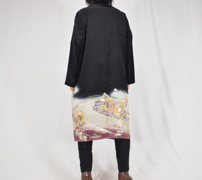 Haori Jacket, Black Tsuzumi Drum and Floral Motifs, Upcycled Kimono Fabric