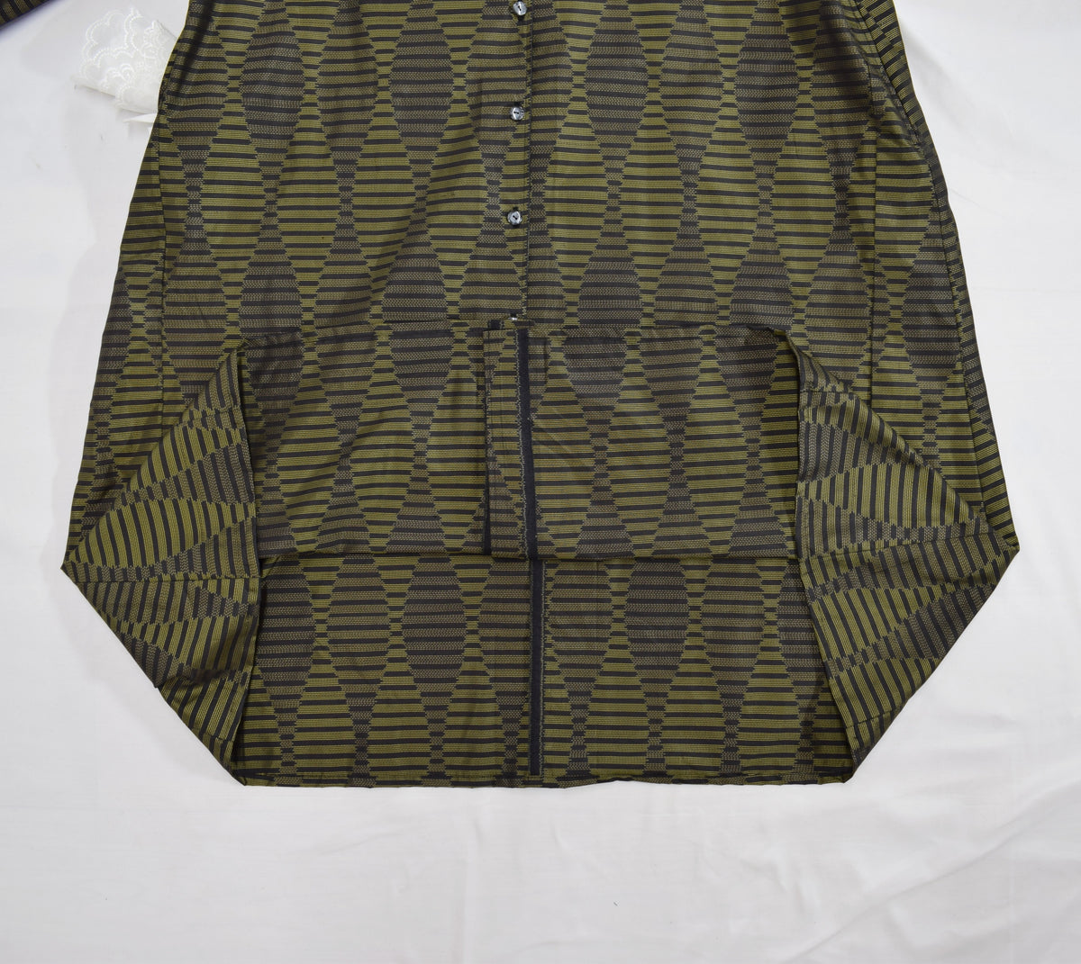 カーキ 幾何学縞文様 ロングシャツワンピース 着物リメイク 一点物