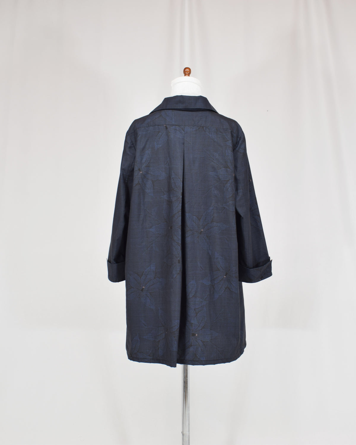 Open-Collar Tunic, Navy Botanical Motif, Upcycled Kimono Fabric