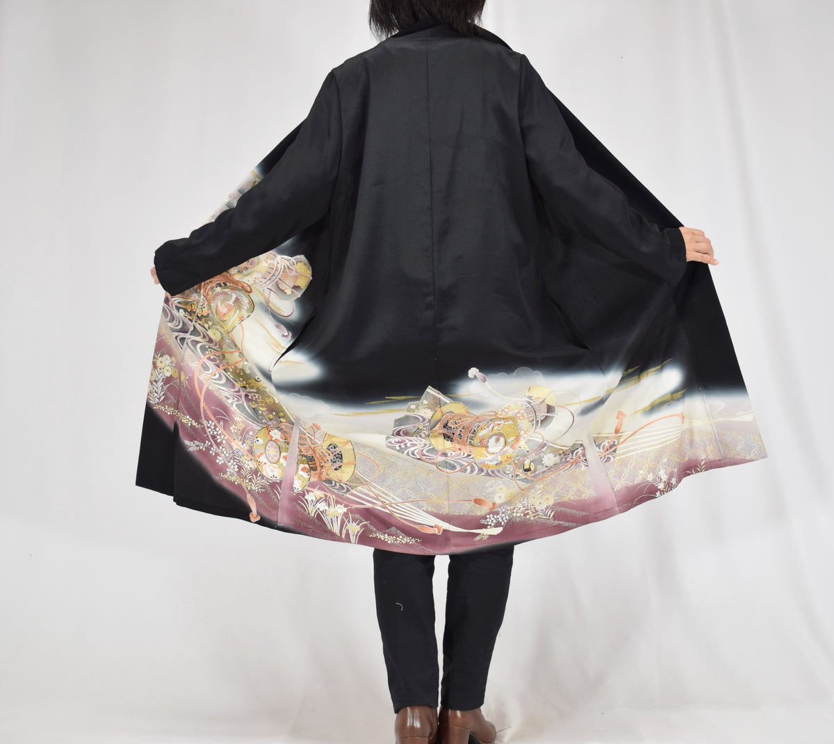 Haori Jacket, Black Tsuzumi Drum and Floral Motifs, Upcycled Kimono Fabric