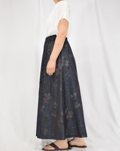 Six-Panel Skirt, Navy Floral and Geometric Motifs, Upcycled Kimono Fabric