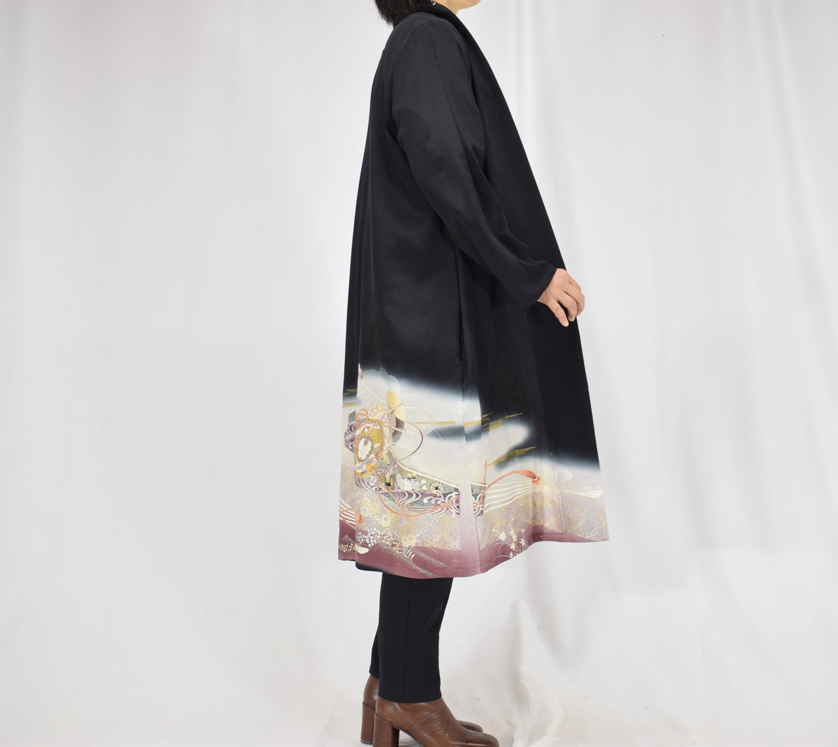 Haori Jacket, Black Tsuzumi Drum and Floral Motifs, Upcycled Kimono Fabric