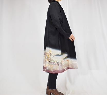 Haori Jacket, Black Tsuzumi Drum and Floral Motifs, Upcycled Kimono Fabric
