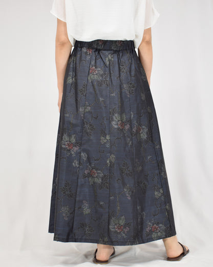 Six-Panel Skirt, Navy Floral and Geometric Motifs, Upcycled Kimono Fabric