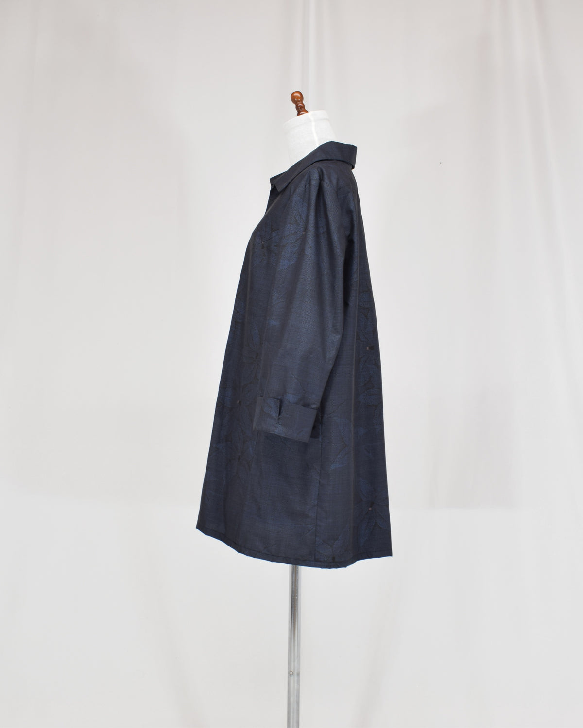 Open-Collar Tunic, Navy Botanical Motif, Upcycled Kimono Fabric