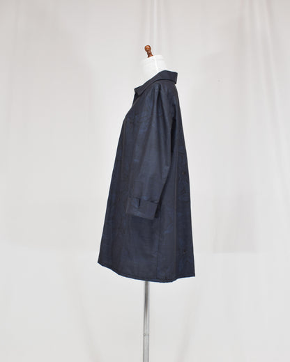 Open-Collar Tunic, Navy Botanical Motif, Upcycled Kimono Fabric