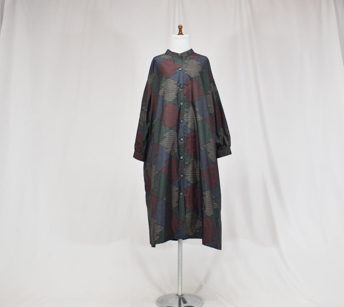 Long Shirt Dress, Navy Multicolor Geometric Motif, Upcycled Kimono Fabric