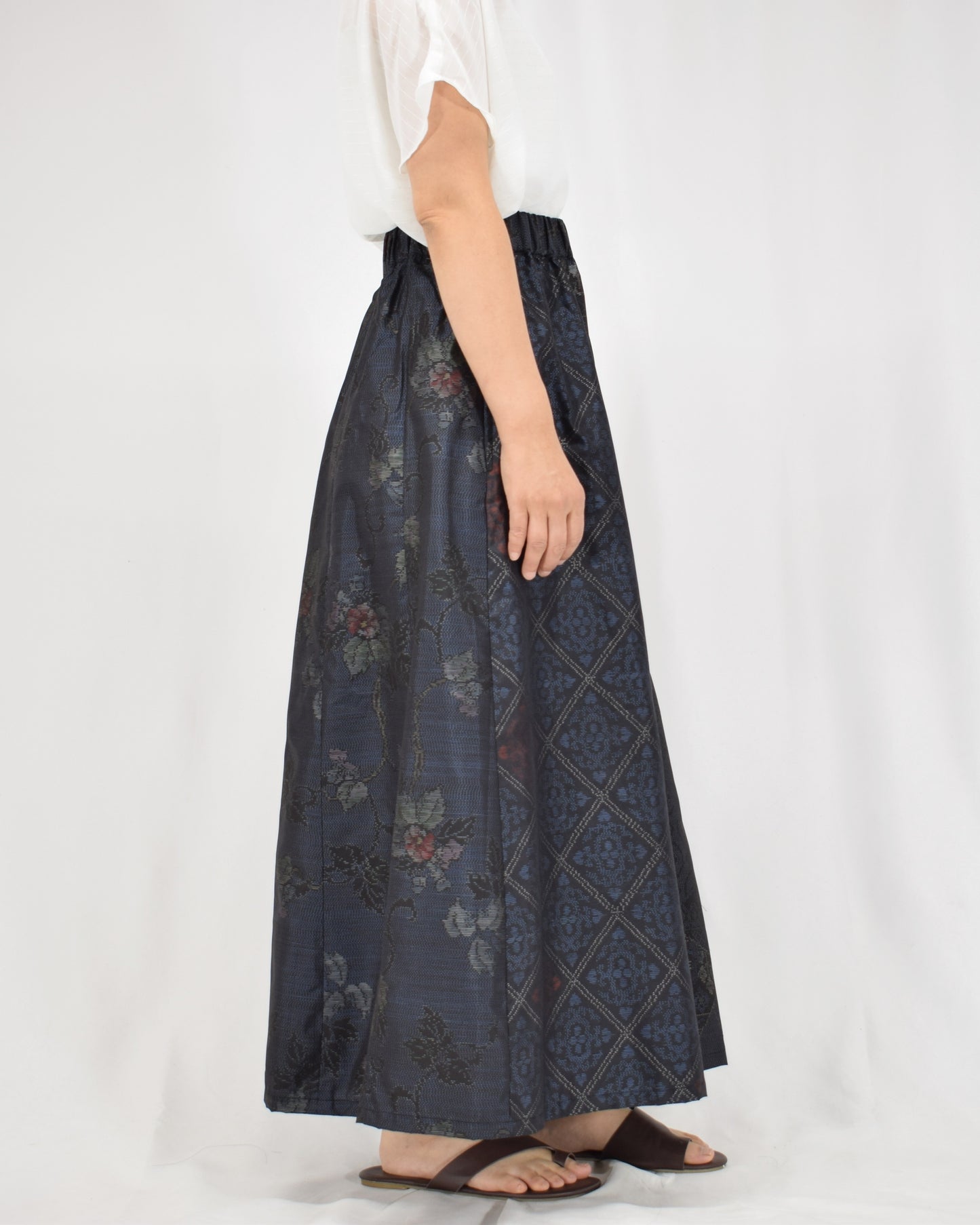 Six-Panel Skirt, Navy Floral and Geometric Motifs, Upcycled Kimono Fabric