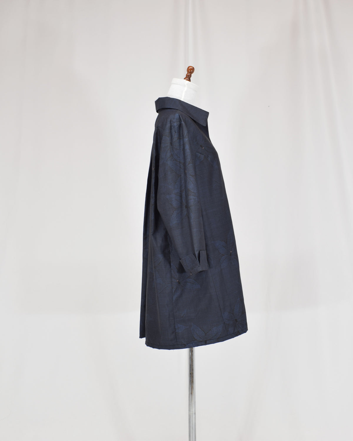 Open-Collar Tunic, Navy Botanical Motif, Upcycled Kimono Fabric