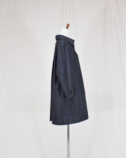 Open-Collar Tunic, Navy Botanical Motif, Upcycled Kimono Fabric