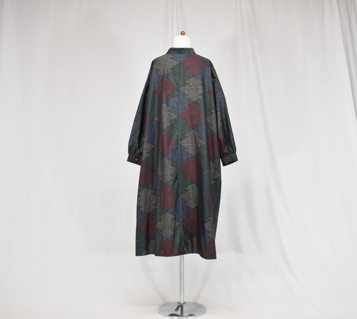 Long Shirt Dress, Navy Multicolor Geometric Motif, Upcycled Kimono Fabric