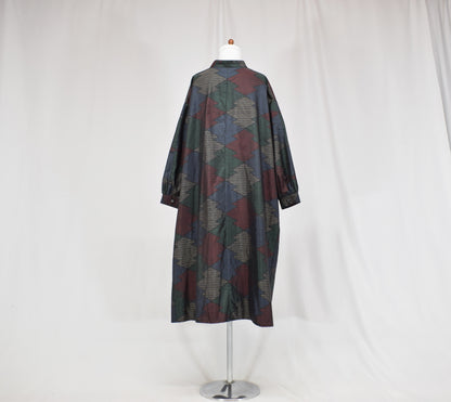 Long Shirt Dress, Navy Multicolor Geometric Motif, Upcycled Kimono Fabric