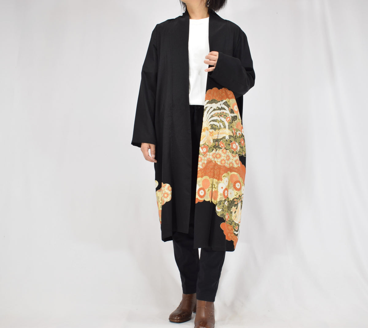 Haori Jacket, Black Crane, Cloud and Floral Motifs, Upcycled Kimono Fabric