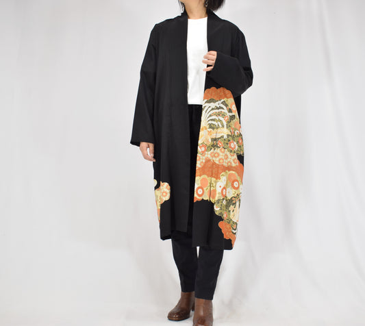 Haori Jacket, Black Crane, Cloud and Floral Motifs, Upcycled Kimono Fabric