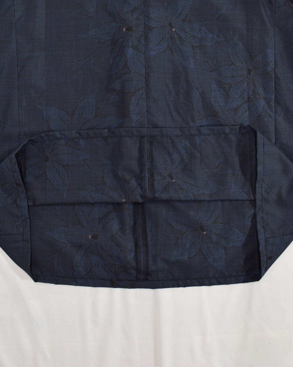 Open-Collar Tunic, Navy Botanical Motif, Upcycled Kimono Fabric