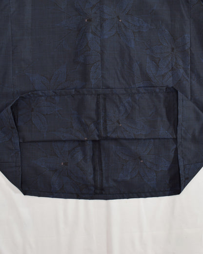 Open-Collar Tunic, Navy Botanical Motif, Upcycled Kimono Fabric