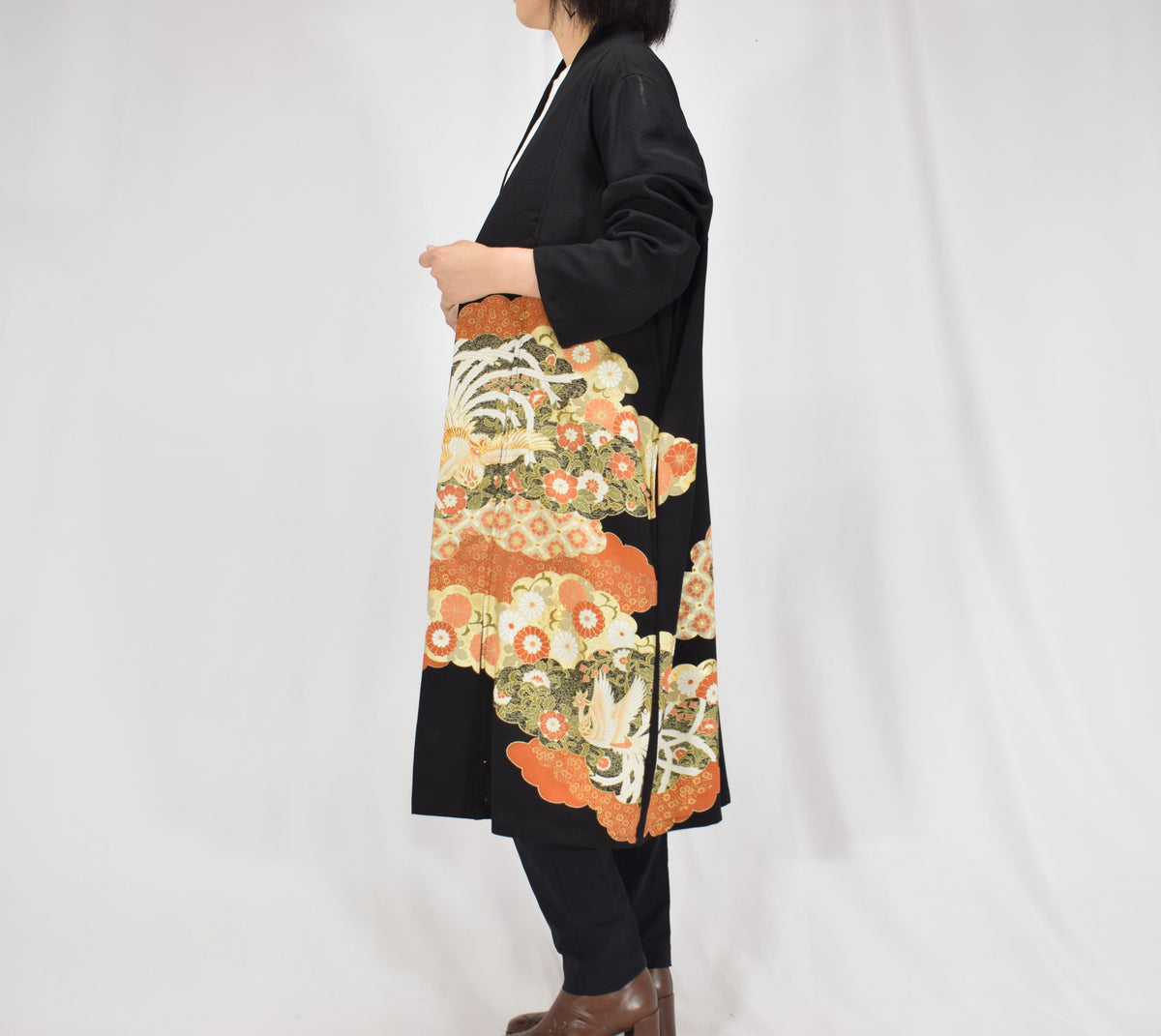 Haori Jacket, Black Crane, Cloud and Floral Motifs, Upcycled Kimono Fabric