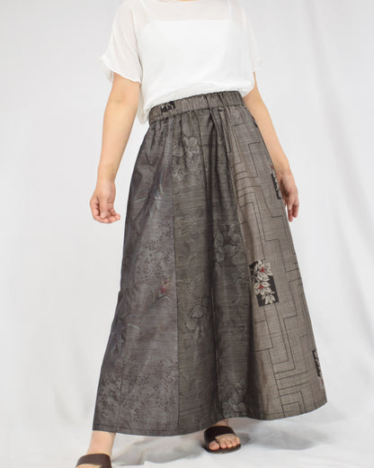 Six-Panel Skirt, Gray Linear Geometric and Botanical Motifs, Upcycled Kimono Fabric