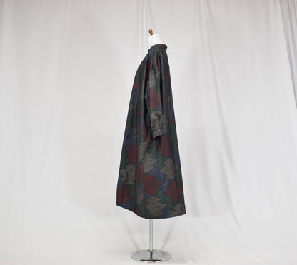 Long Shirt Dress, Navy Multicolor Geometric Motif, Upcycled Kimono Fabric