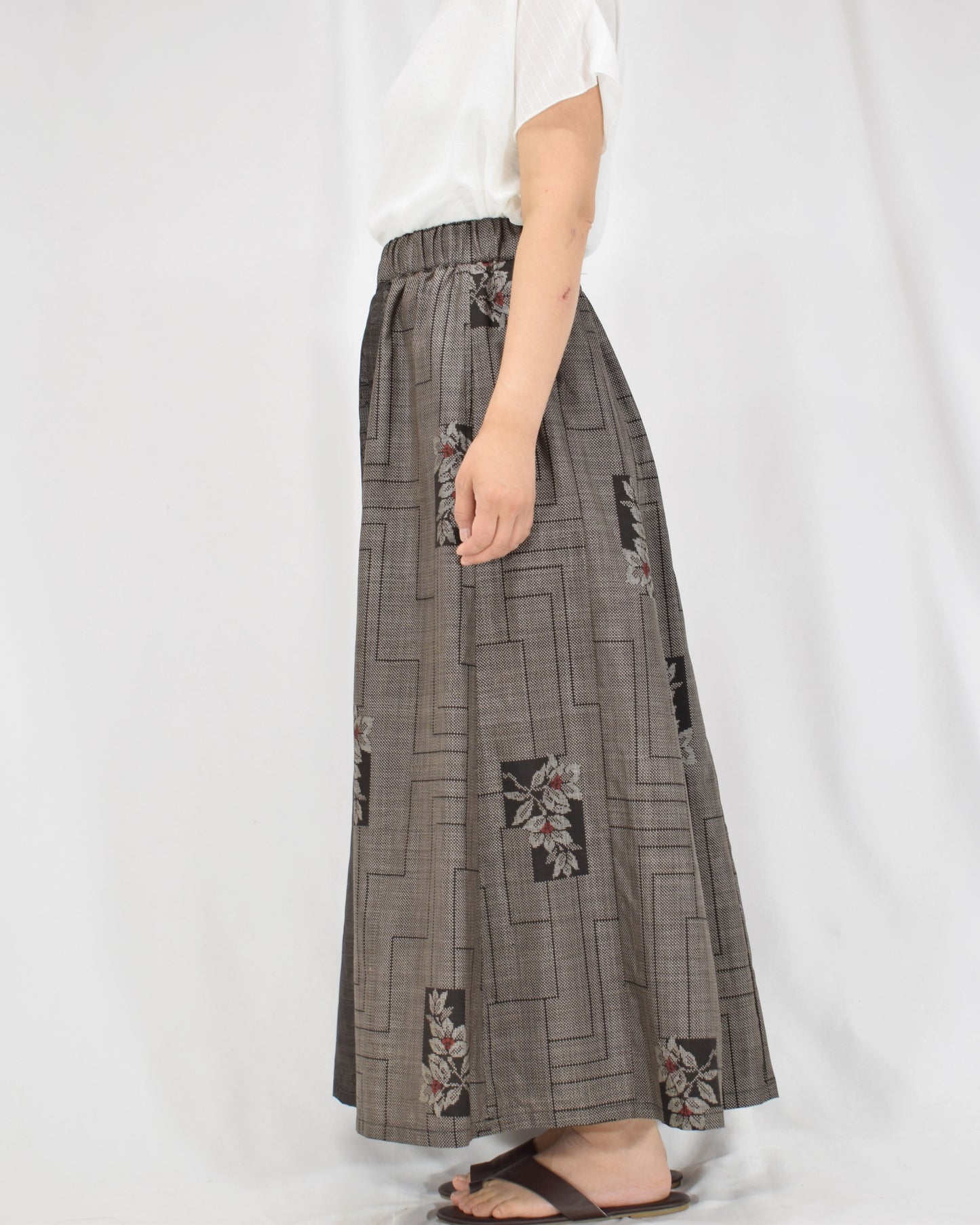 Six-Panel Skirt, Gray Linear Geometric and Botanical Motifs, Upcycled Kimono Fabric