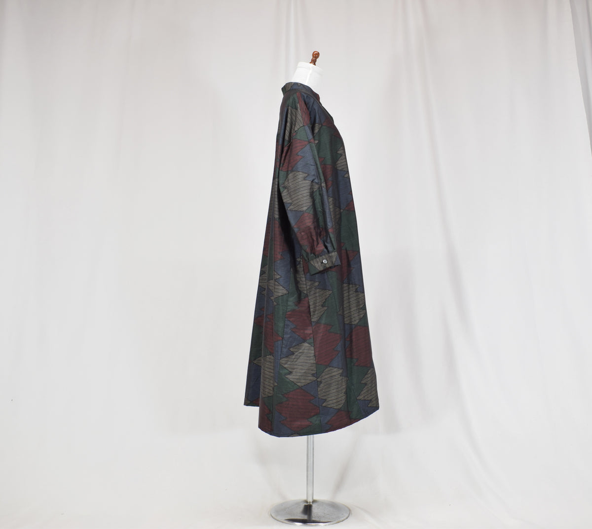 Long Shirt Dress, Navy Multicolor Geometric Motif, Upcycled Kimono Fabric
