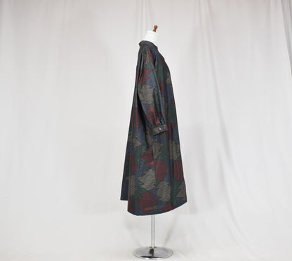Long Shirt Dress, Navy Multicolor Geometric Motif, Upcycled Kimono Fabric