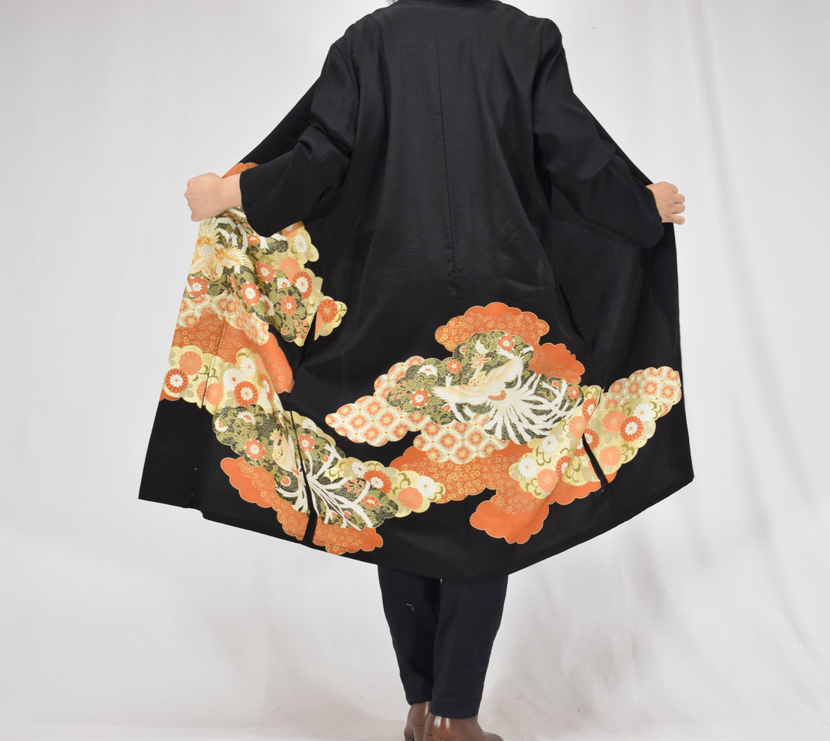 Haori Jacket, Black Crane, Cloud and Floral Motifs, Upcycled Kimono Fabric