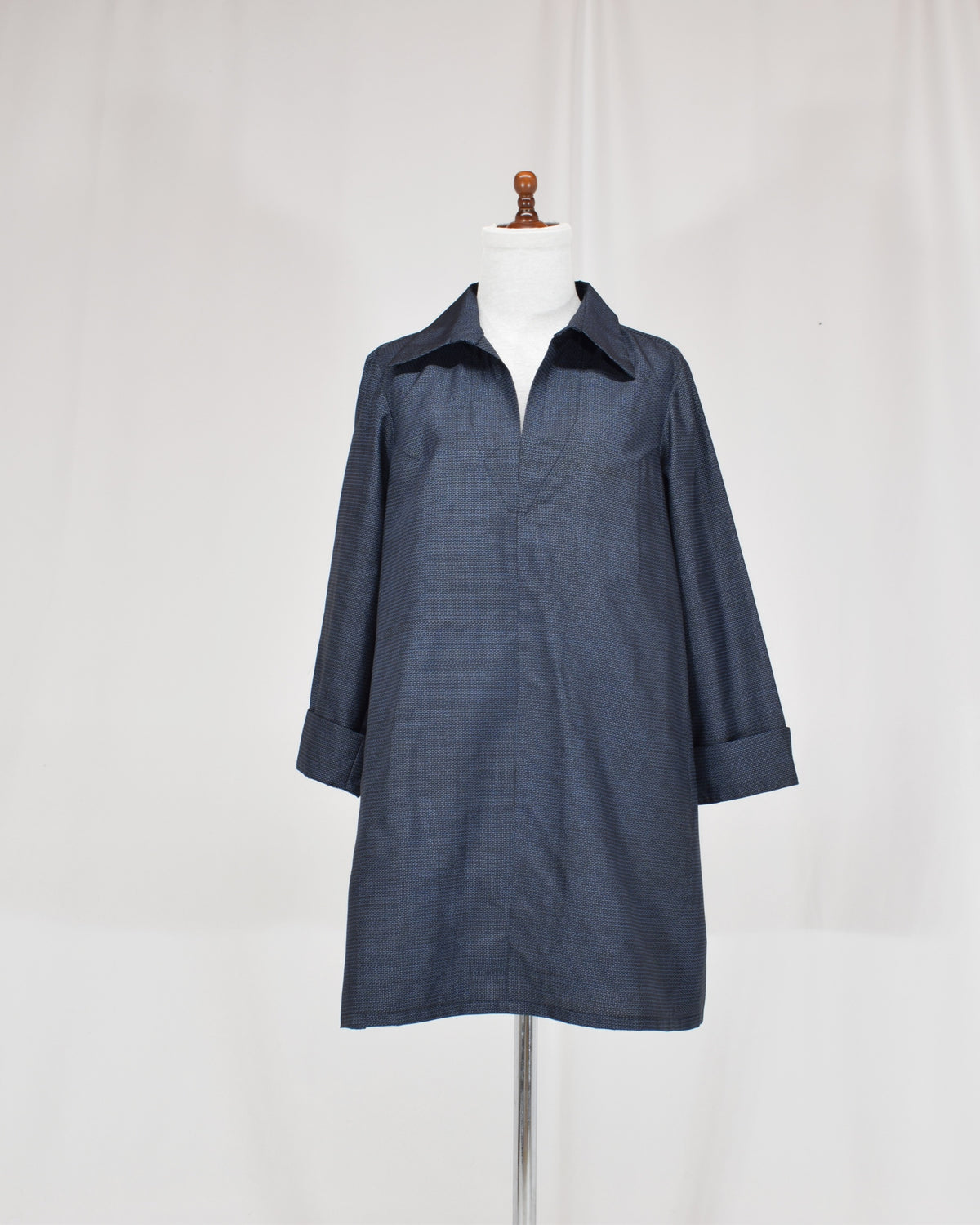 Open-Collar Tunic, Navy Fine Geometric Motif, Upcycled Kimono Fabric