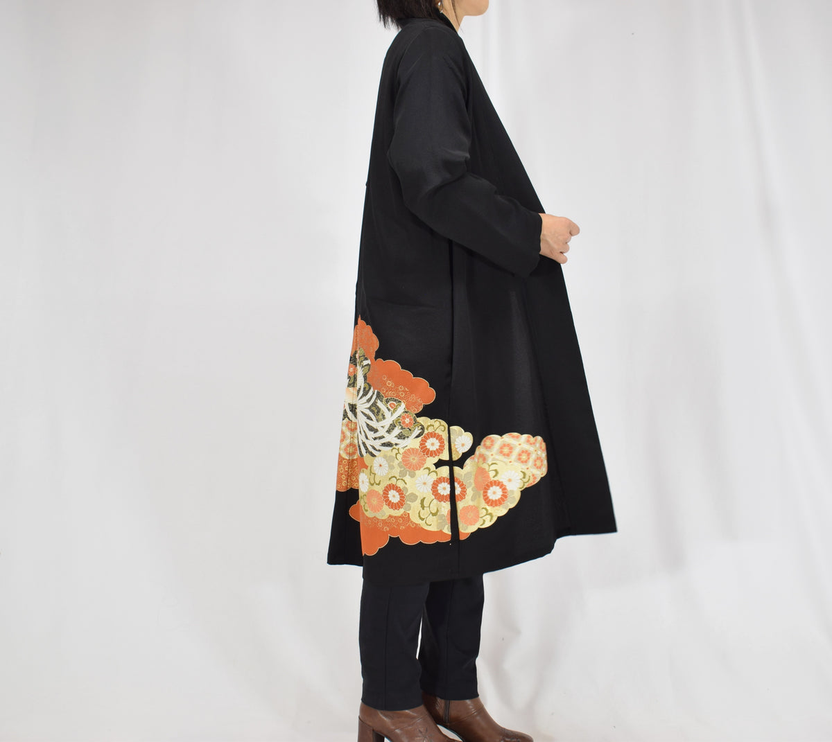 Haori Jacket, Black Crane, Cloud and Floral Motifs, Upcycled Kimono Fabric