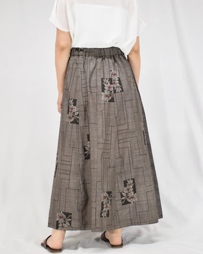 Six-Panel Skirt, Gray Linear Geometric and Botanical Motifs, Upcycled Kimono Fabric