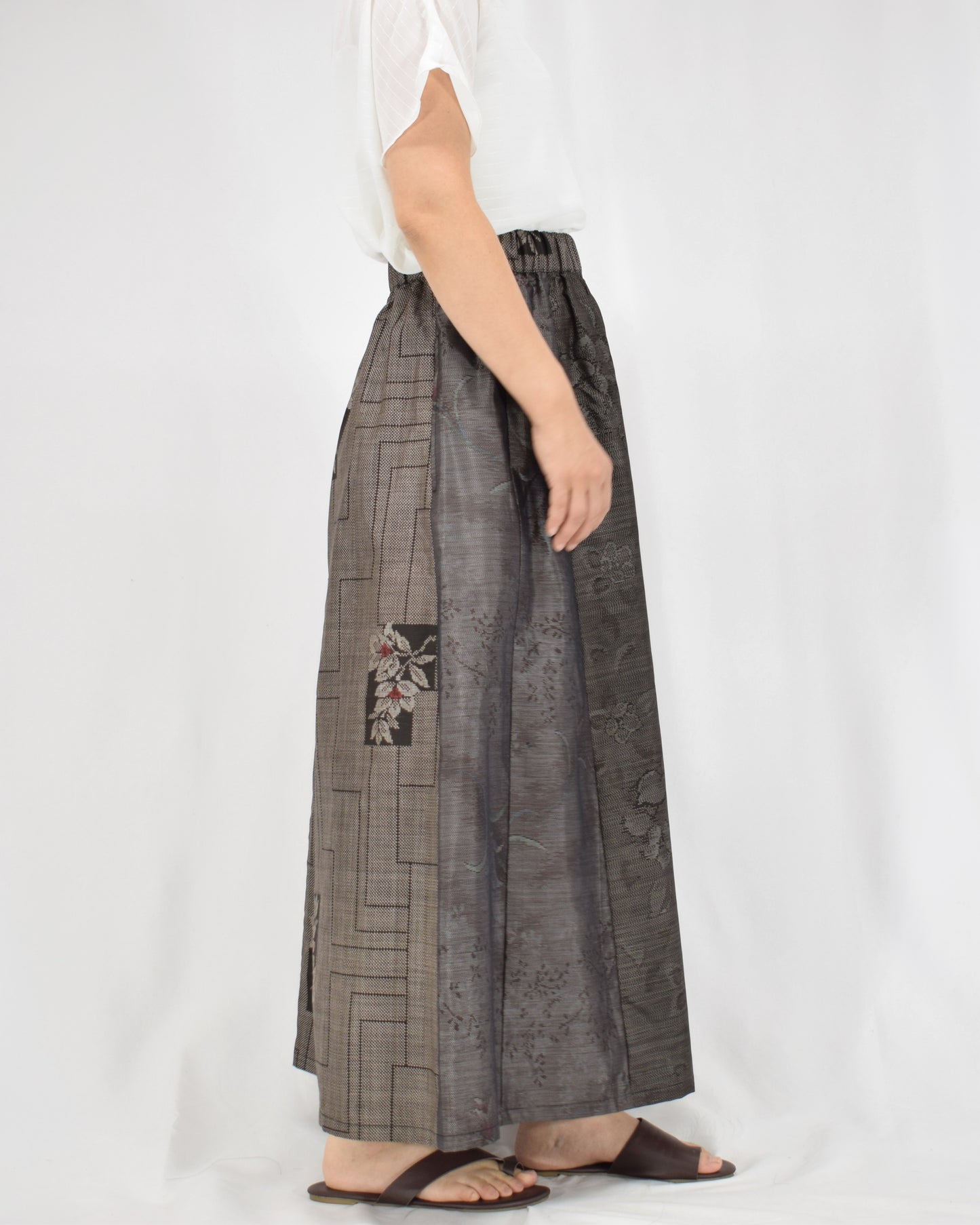 Six-Panel Skirt, Gray Linear Geometric and Botanical Motifs, Upcycled Kimono Fabric