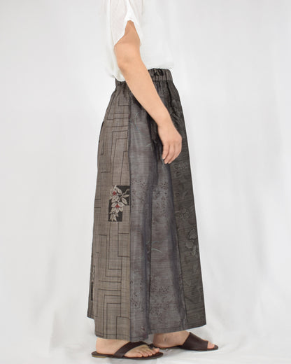 Six-Panel Skirt, Gray Linear Geometric and Botanical Motifs, Upcycled Kimono Fabric